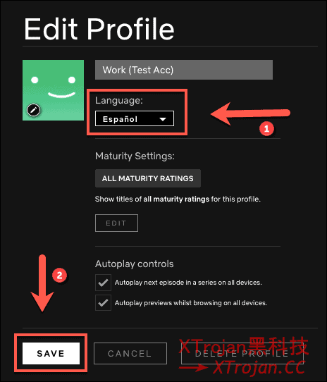 Select the language to which you want to change your profile, and then click "Save."